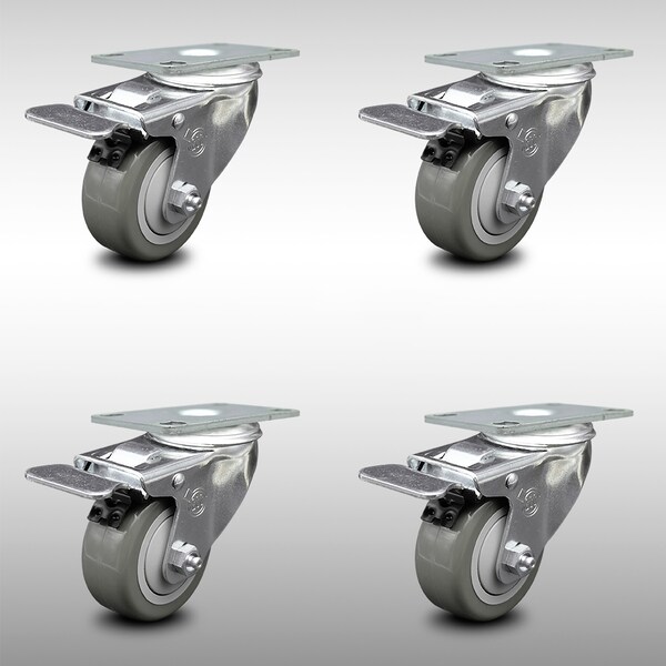 3.5 Inch SS Gray Polyurethane Top Plate Caster Set Total Lock Brake SCC